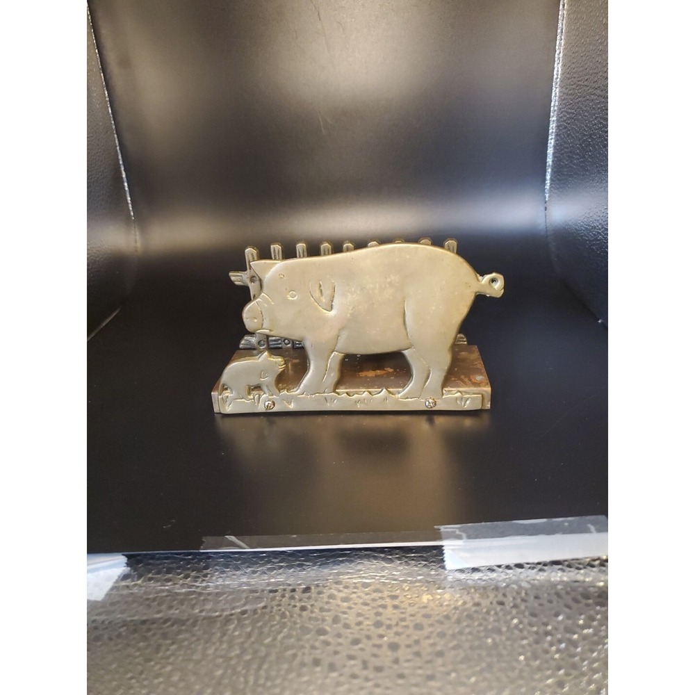 Vintage Brass Farm Pig & Piglet Mail Holder / Napkin holder Picket‎ Fence VTG